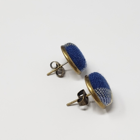 New Handmade | Upcycled Blue Yellow White Plaid Button Stud Earrings - Picture 3 of 4